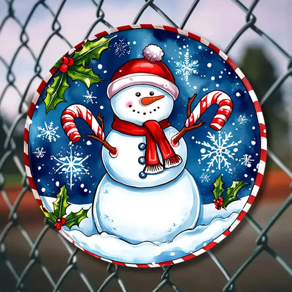 1pc 7,87 pollici rotondo in alluminio pupazzo di neve wall art - cartello piatto in metallo 2D con fori preforati, riutilizzabile per interni Natale e per hallo