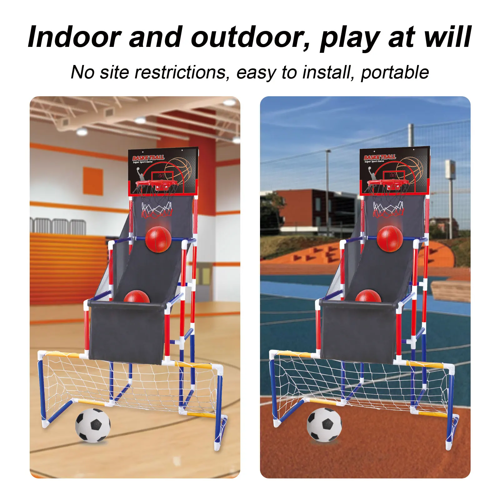 Juguetes deportivos 2 en 1 para sótano, portería de red de fútbol, marcador electrónico, juego de aro de baloncesto Arcade para niños 2025