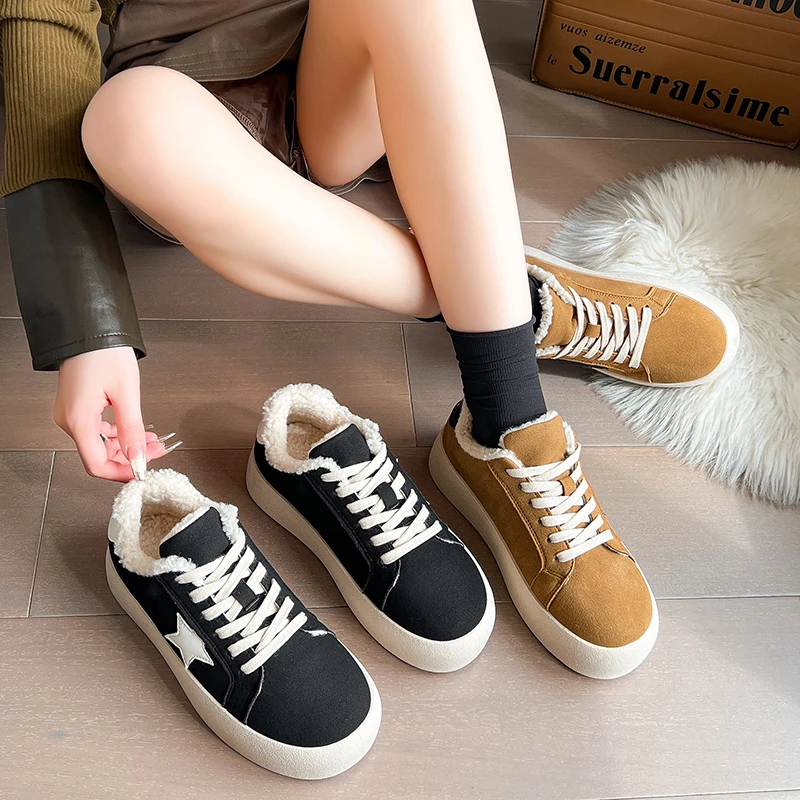 Pine Wood Thick Soled Women New Autumn and Winter Goose Velvet Warm Bread Cotton Shoes for Women Interne Cute Shoes