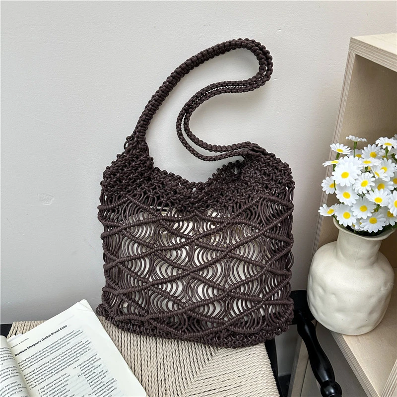Boho Crochet Mesh Tote Bag Summer Women's Hollow Out Woven Shoulder Bag Large Capacity Beach Straw Bag for Summer Vacation