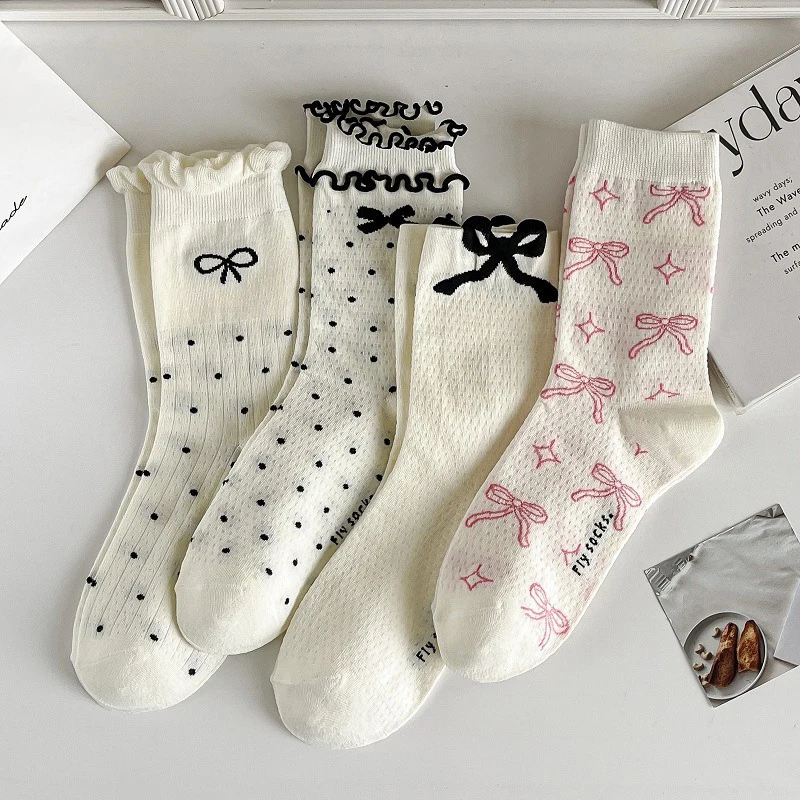 

Black Polka Dot Socks Summer Thin Hollow Out Heart Breathable Long Socks Cute Sweet Girls Ruffle Socks