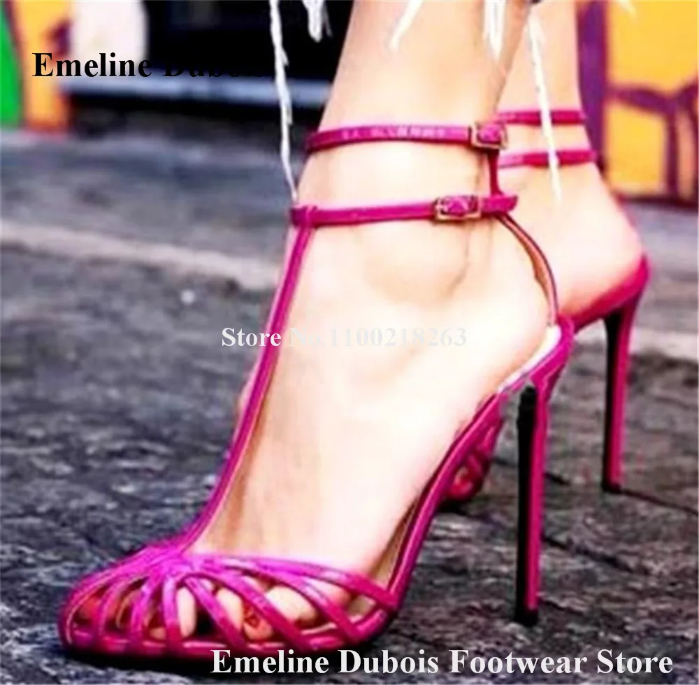 T-strap Caged Sandals Emeline Dubois Newest Sexy Women Round Toe Thin Bands Cross Stiletto Heel Gladiator Sandals Dress Heels