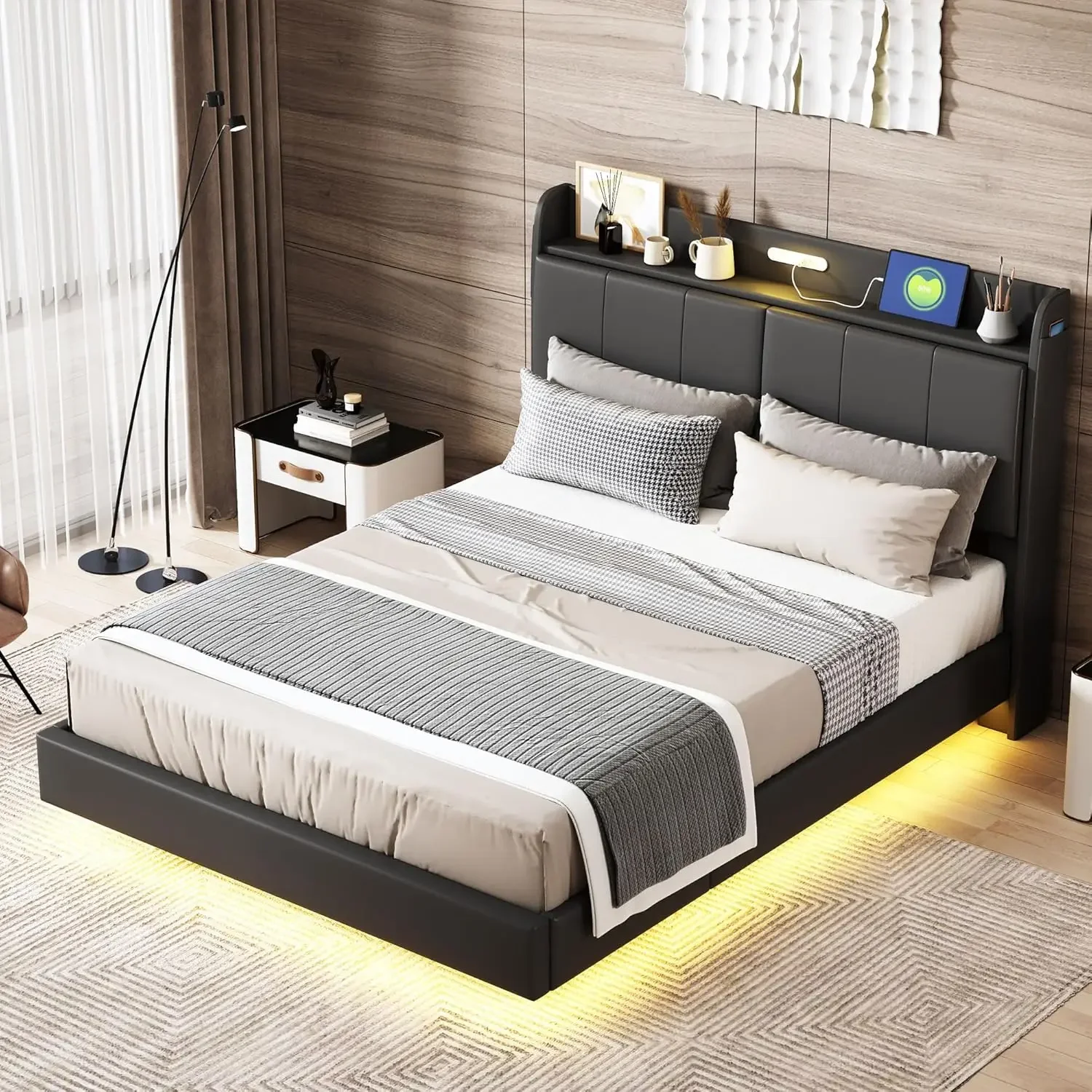 Floating Queen Size Floating Bed Frame With Led Lights And Charging Ports, Upholstered Platform Bed With Storage Headboard