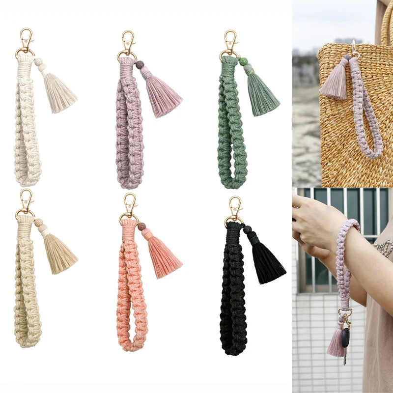 Boho Style Macrame Braided Keychain With Lobster Claw Cotton Cord Wristlet Lanyard Key Fob Strap For Women Macrame Accessory