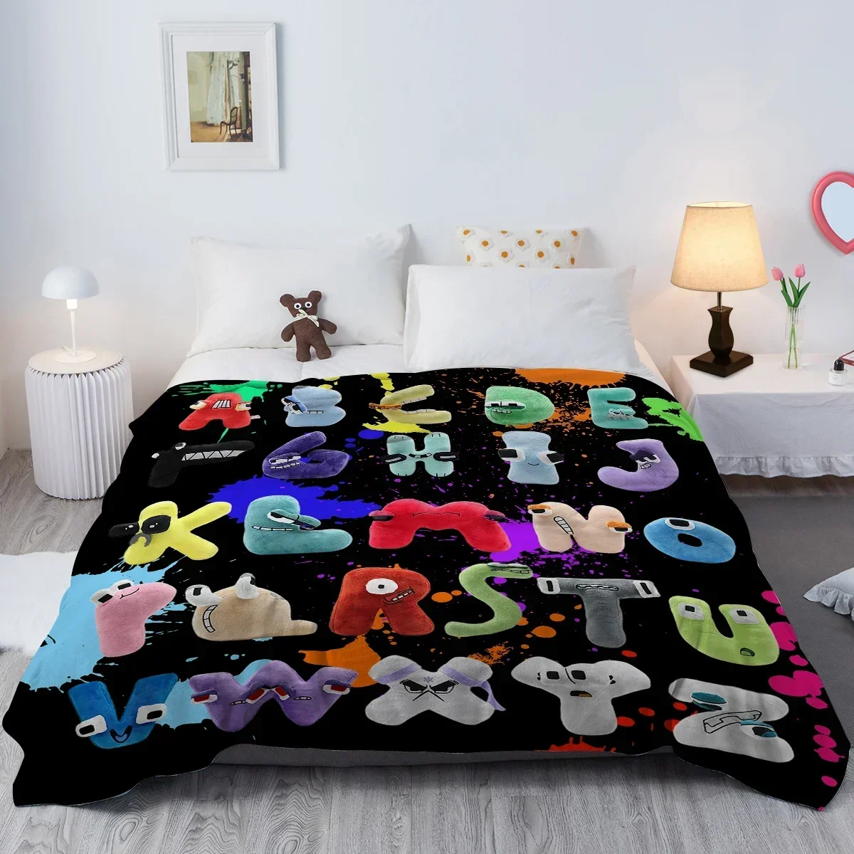 Lustige Alphabet-Decke, buntes Alphabet, bedruckt, weiche Flanelldecke, warme, gemütliche Decke, Lore für Teenager und Erwachsene