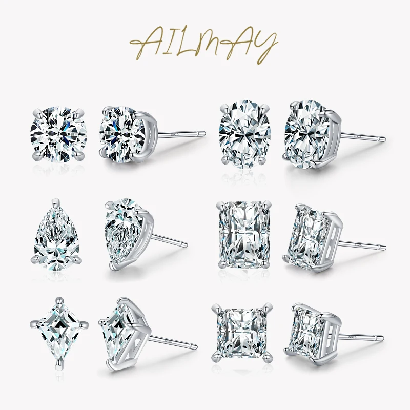 Ailmay Real 925 Sterling Silver Luxury AAAAA Level Sparkling CZ Geometric Stud Earrings For Women Wedding Statement Jewelry Gift