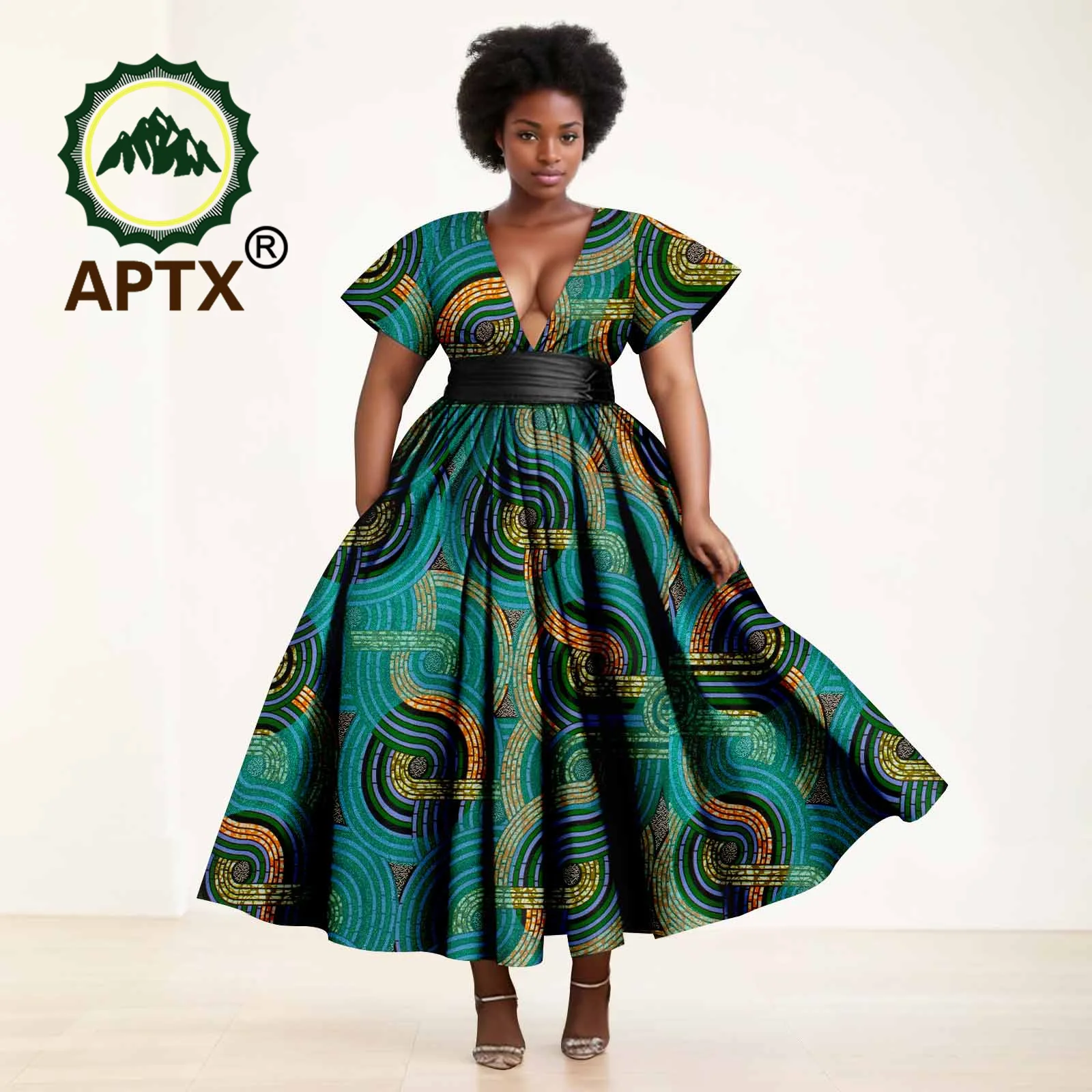 Vestido feminino estampado ankara manga curta decote em v com cinto e tornozelo, vestidos casuais africanos, festa de casamento, dashiki