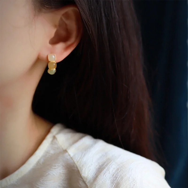 Natural Multi-Treasure S925 Silver Inlaid Hetian White Sugar Green Jade Earrings