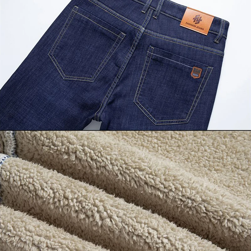 الخريف الشتاء الرجال سميكة الجينز الدافئة الذكور سليم صالح مستقيم الساق الأعمال اليومية الدنيم السراويل موضة الرجال الصوف بنطلون