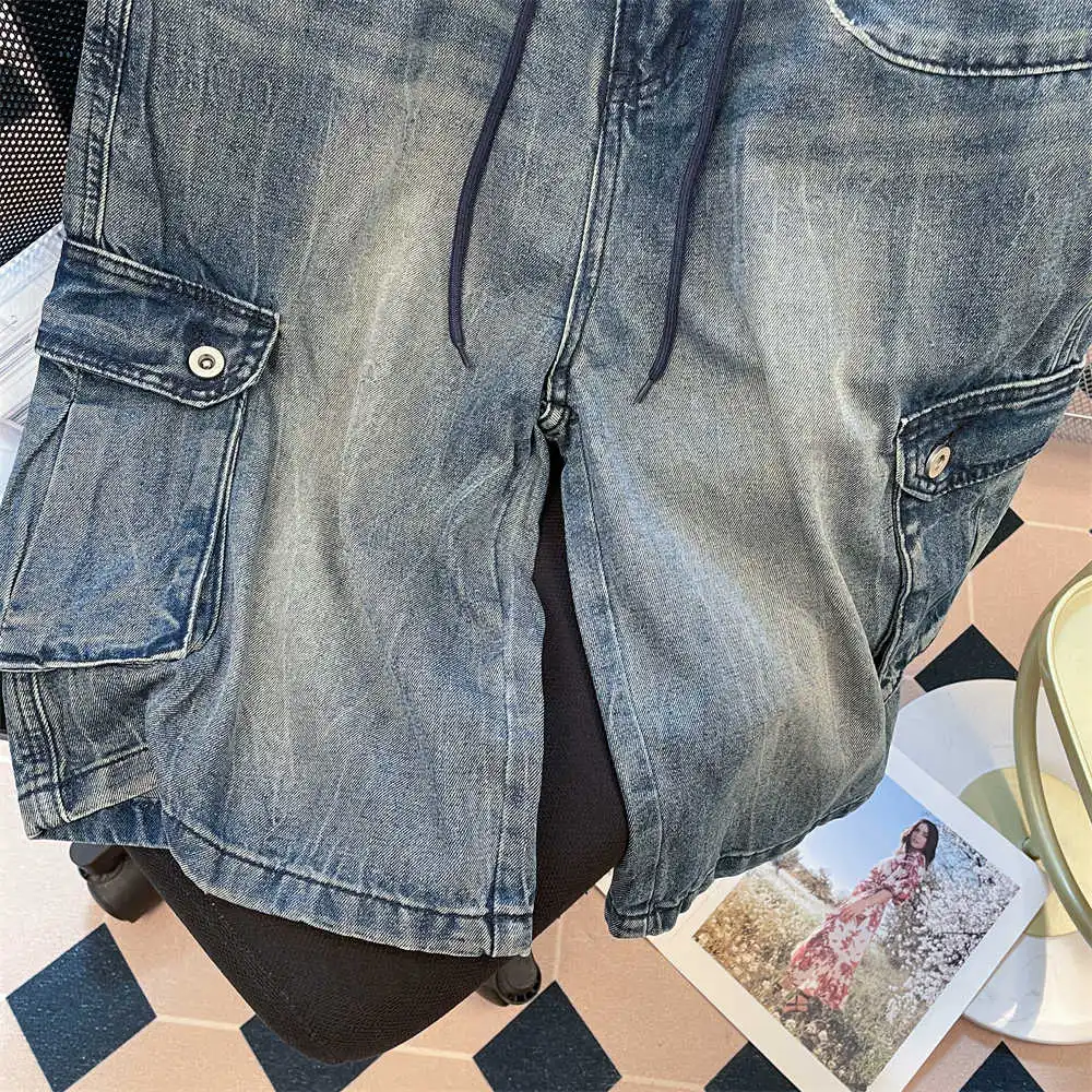 American Retro Multi Pocket Denim Shorts Summer High Waist Drawstring Loose Seven Inch knee Length Jeans Straight Wide Leg Pants