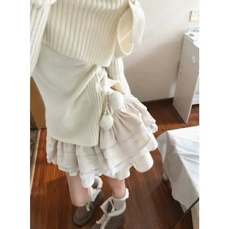 Spicy Girl One Shoulder Sweater Cake Skirt Two Piece Set Women Korean Fashion Sweet Knitwear Solid Slim Lace Up Temperament Suit