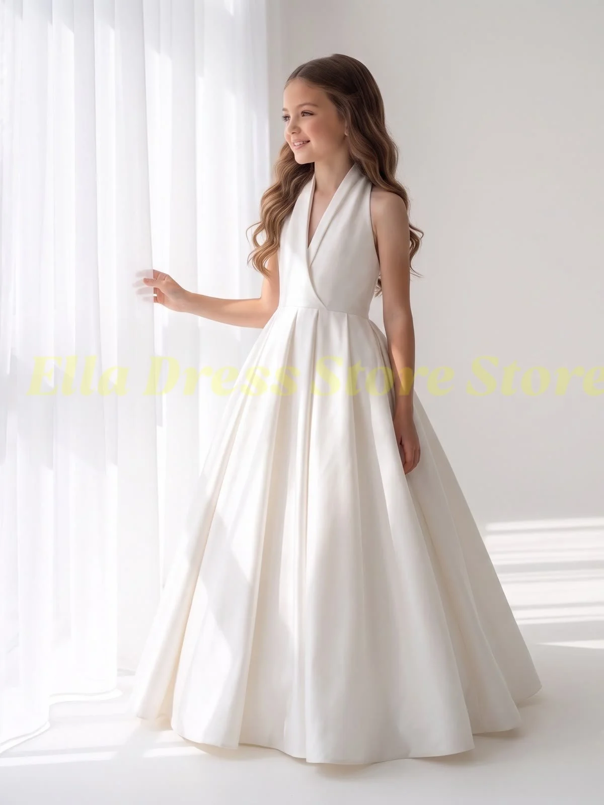 Großhandel Satin Puffy Blumenmädchenkleid für Hochzeit, Geburtstag, Festzug, Formelle Kleider, A-Linie, bodenlang, Kinder-Prinzessinnenkleider – Detail 4