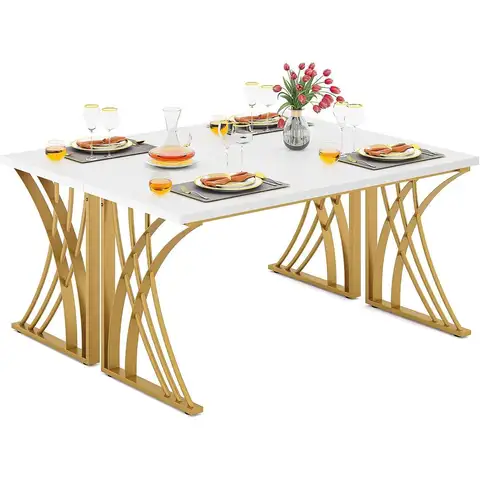 Luxury 55'' White & Gold Computer Desk Set for 2, Sturdy Laptop PC Desk with Thick Legs, Ideal for Students and Makeup Vanity