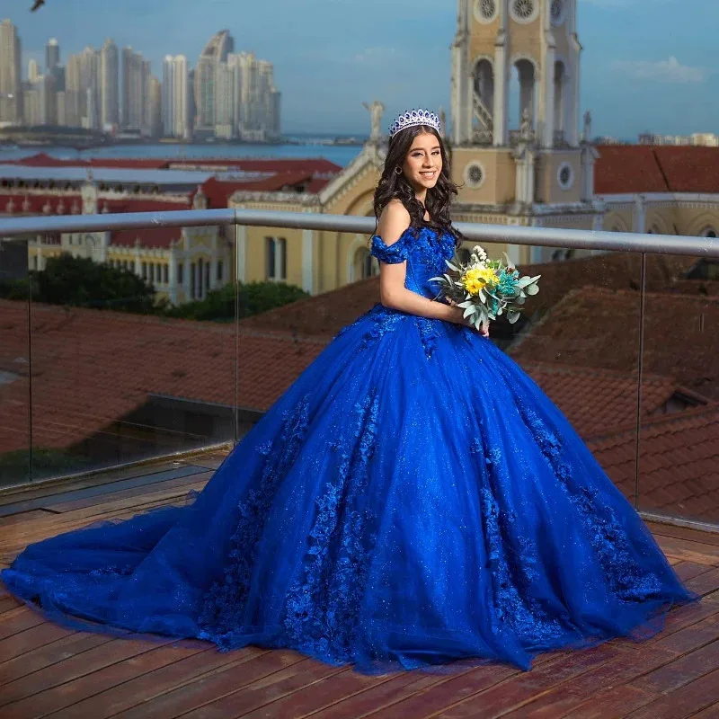 تخصيص فساتين Quinceanera الأزرق الملكي الكرة ثوب 3D الأزهار الدانتيل حبة الظهر مشد الحلو 16 فستان الحفلة الراقصة