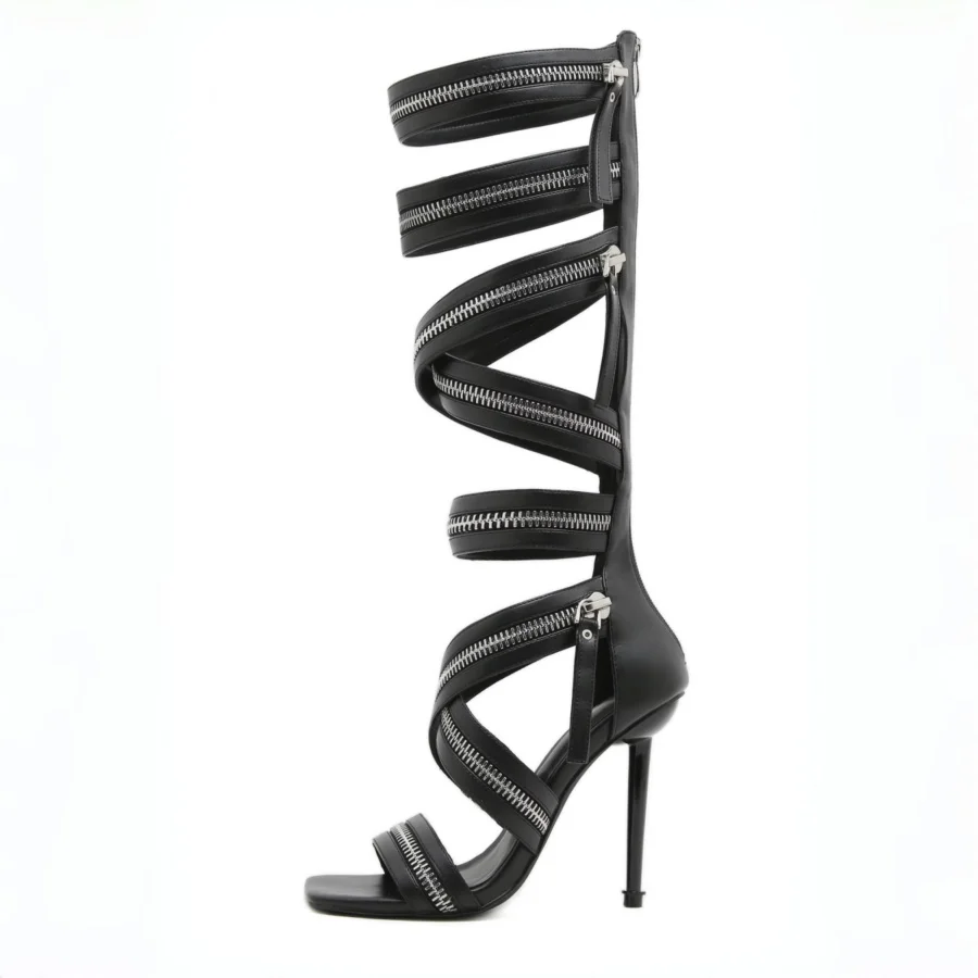 2026 Women Black Zipper Cut Out Knee High Gladiator Heels Botas Mujer Botas Feminina Punk Gothic Multi Strap Stiletto Sandals Ni