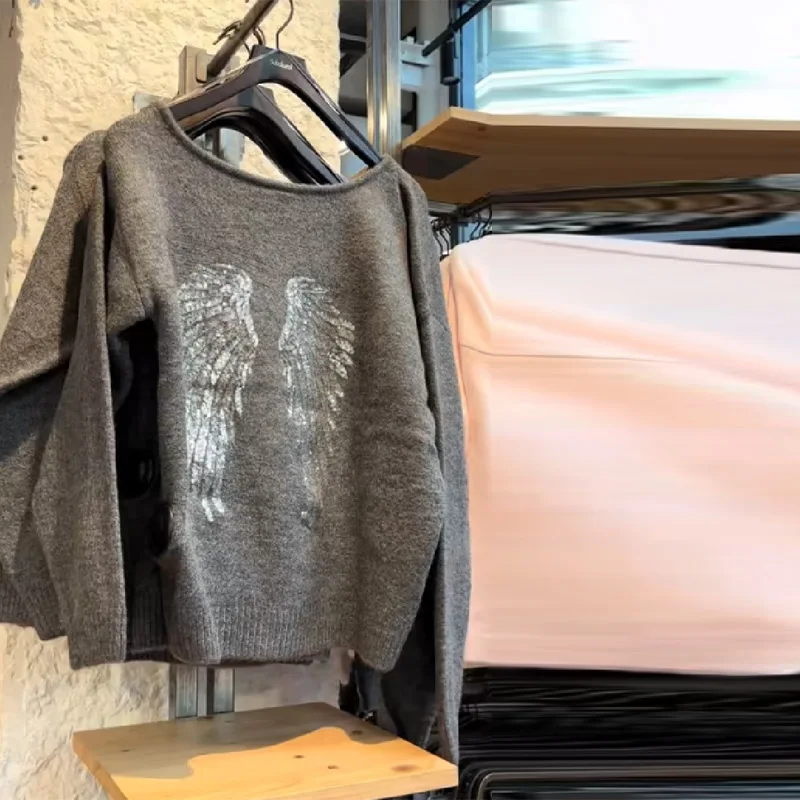 

Wings off-shoulder knitted sweater sequined women's long-sleeved knitted pullover 2026 new autumn casual tops for women