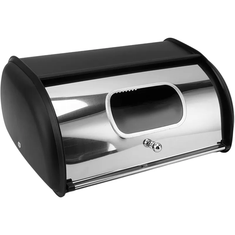 

Большая металлическая коробка для хлеба с крышкой с закатанной крышкой, черная столешница для хранения продуктов с небольшим окном, кухонный органайзер для хлеба