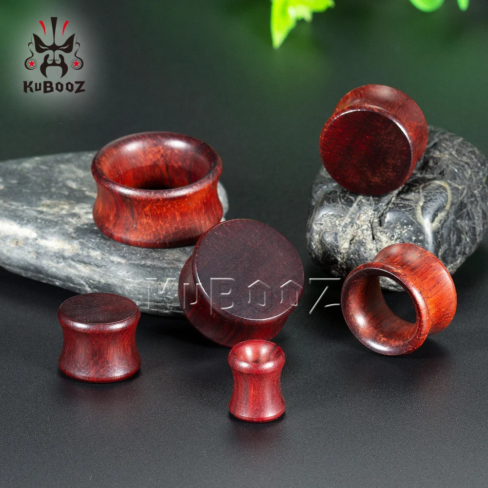 KUBOOZ Natural Red Sandalwood Double Flared Ear Tunnels Ear Plugs Wooden Stretch Gauges Expanders Body Piercing Jewelry