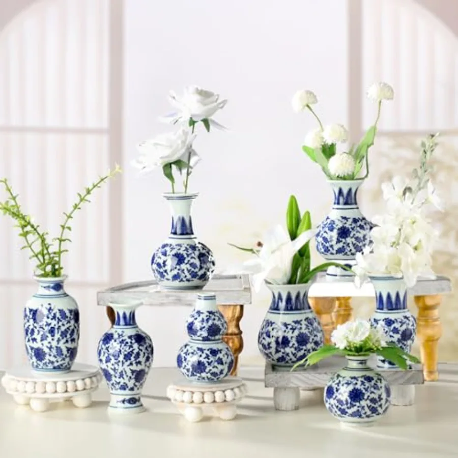 

8 Pcs Mini Chinoiserie Bud Vases Ceramic Blue and White Floral Chinese Porcelain Vase Set for Shelf Table Centerpieces Home Dec