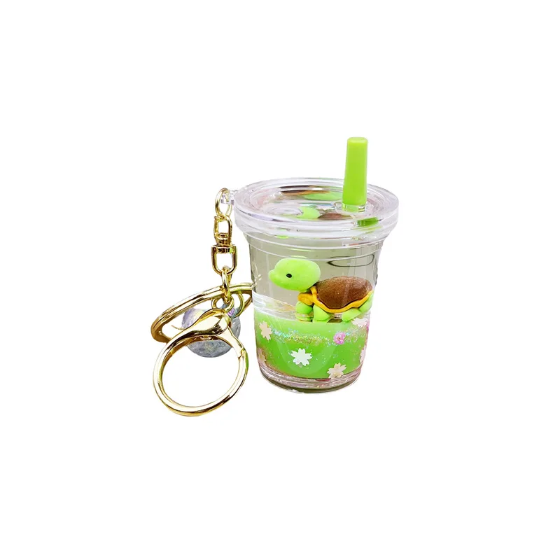 Creative Cartoon Fresh Green Turtle Floating Oil Quicksand Bottle Keychain Package Pendant