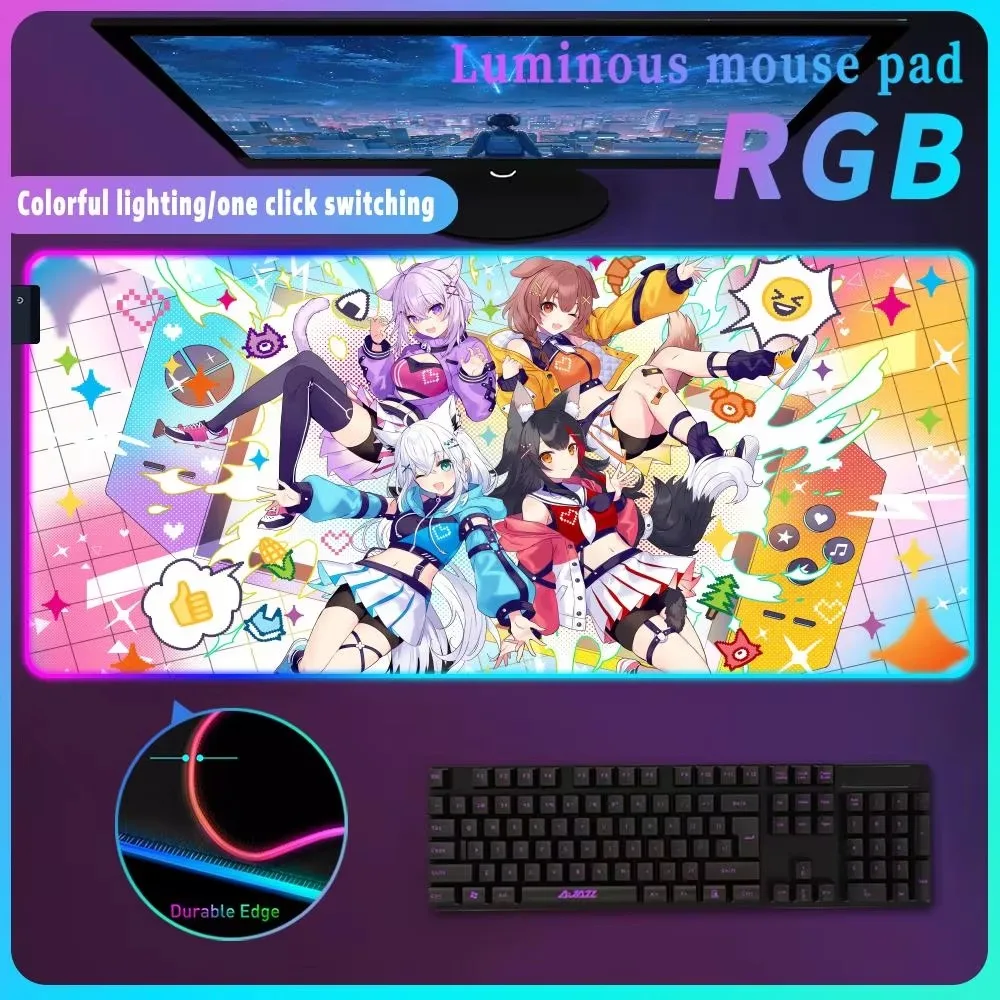 Anime Cute Girl Virtual Idol Nekomata Okayu Computer RGB Mouse Pad With Colorful LED Lamp Luminous Desk Mat Escritorio Accesorio