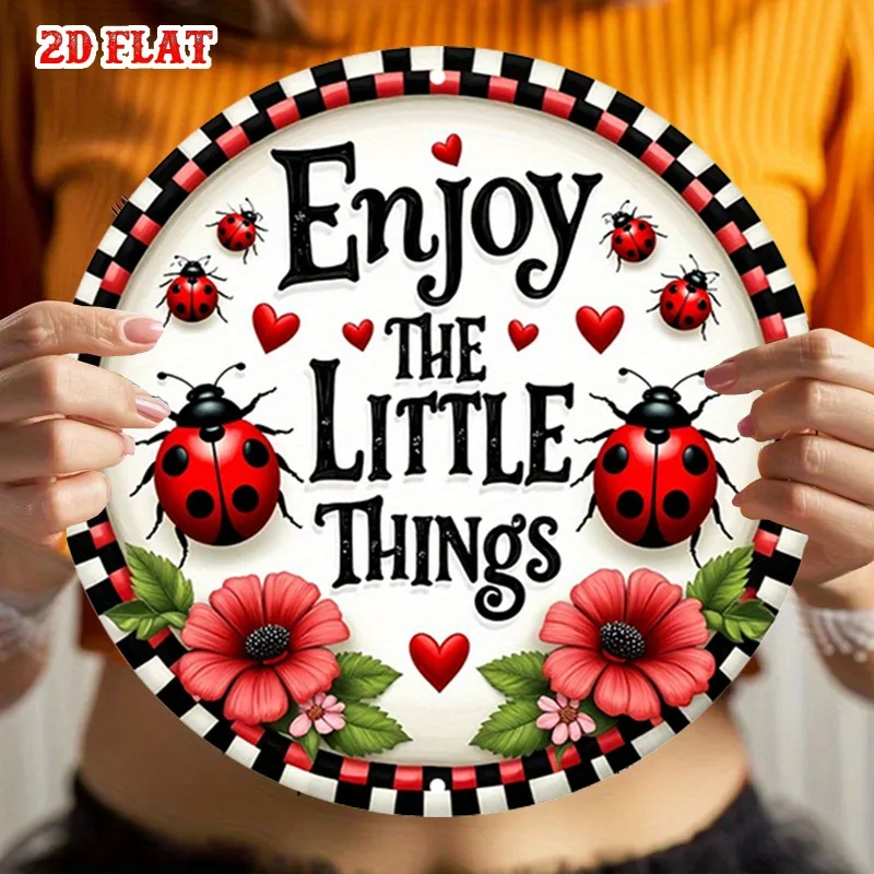 Vintage Ladybug_&_Floral_Heart_ Round Aluminum Wall Art—Rustic Metal with Inspirational Quote, Red Heart and Green Leaves