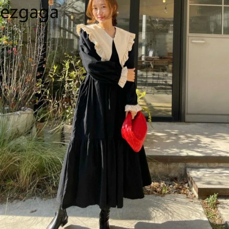 Ezgaga Sweet Dress Long Sleeve Peter Pan Collar Elegant Office Ladies Korean Style A-line Loose Spring Party Dress Vestidos