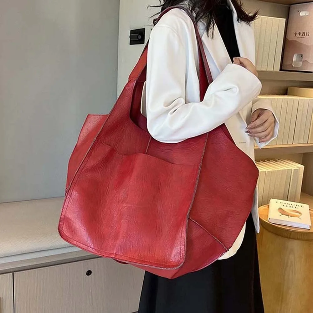 

Casual Soft PU Tote Bag Magnetic Button Multi-Pocket Large Capacity Shoulder Bag Polyester Solid Color