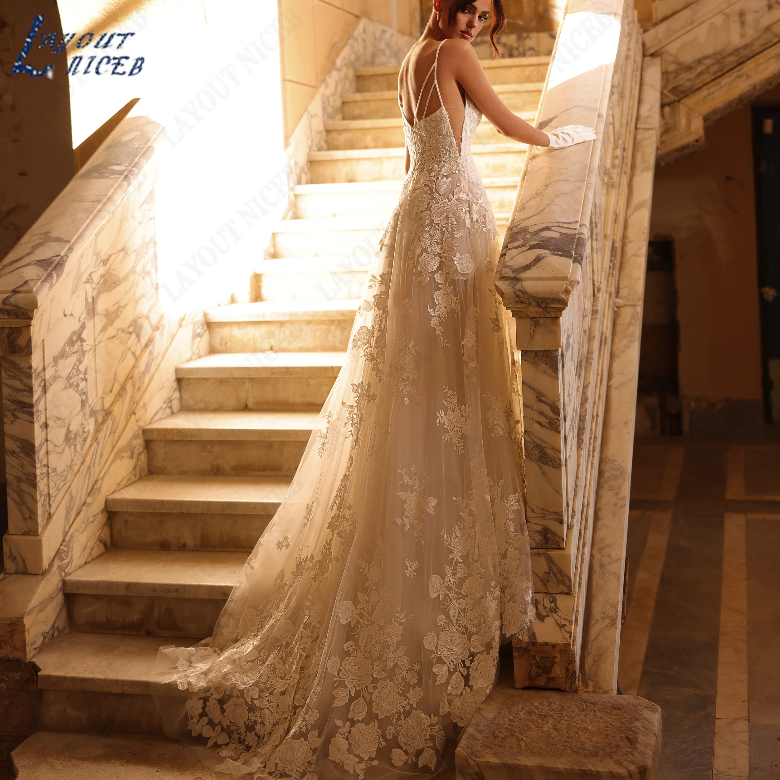 LAYOUT NICEB Spaghetti Strap Tulle Bridal Gown Customized Lace Applique Wedding Dress Scoop Neck A-Line Bride Gowns For Weddings