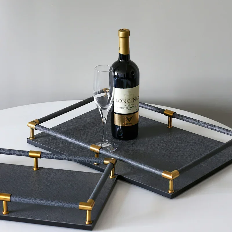 Leather Storage Tray Nordic Handle Rectangle Pallet Large Tea Set Groceries Desktop Storage Kitchen Hotel Service Tray Decorate