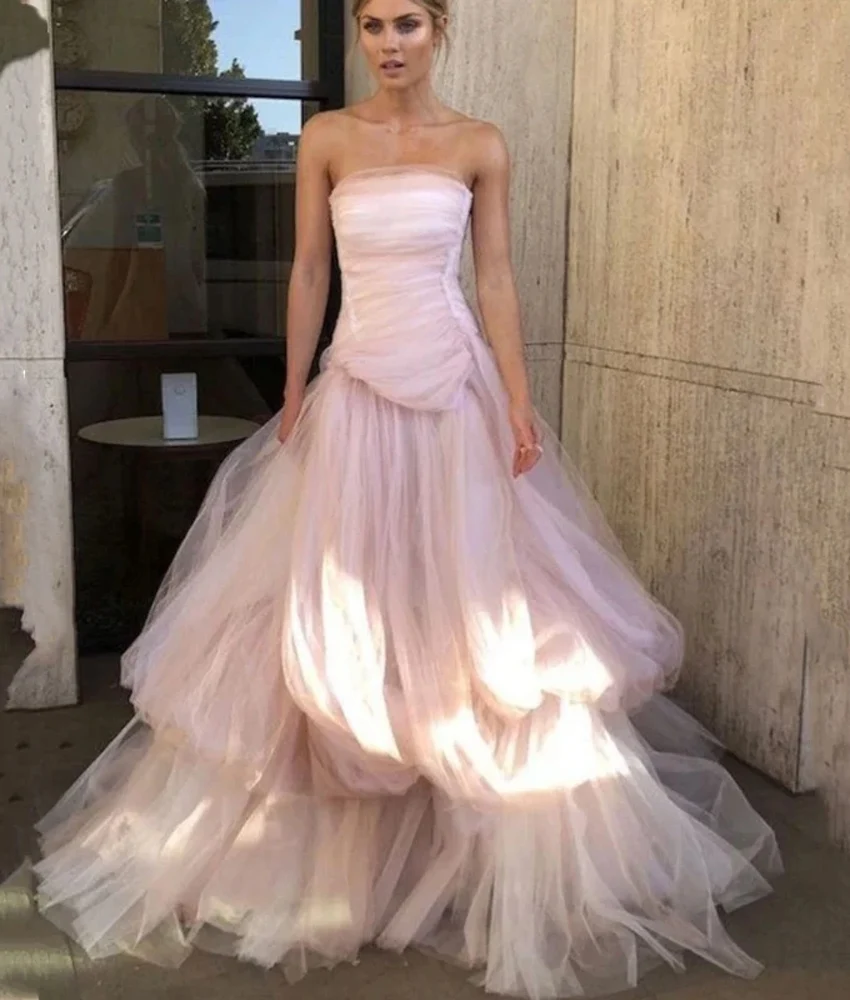 

Customized Temperament Organza A-Line Tiered Evening Dress Sexy Sleeveless Strapless Floor Length فستان سهرة نسائي