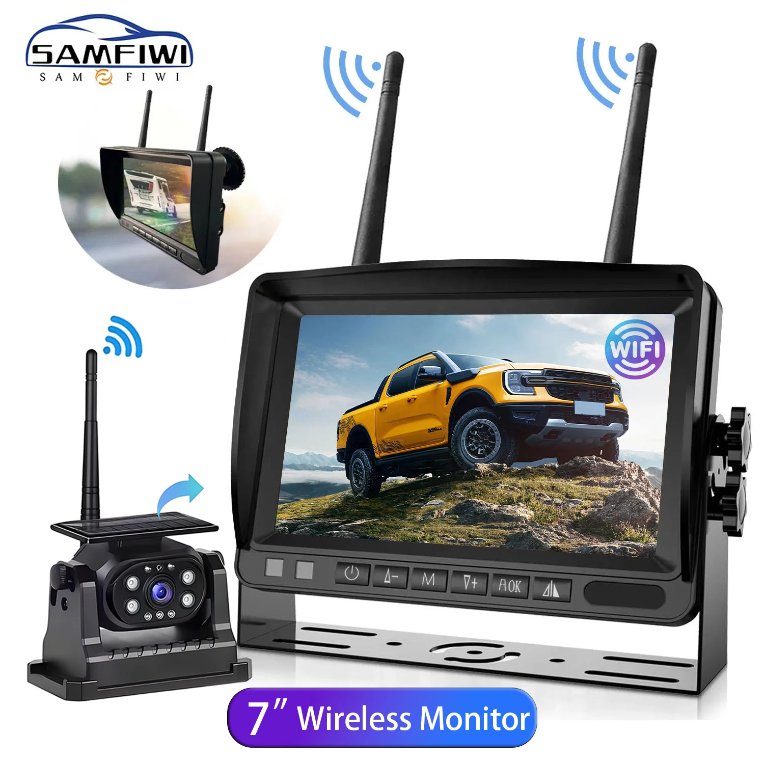 Solar Wireless Backup Camera with 7inch HD Monitor, Built-in 9600mAh Rechargeable Battery Magnetic Mount Wifi Camera for Truck