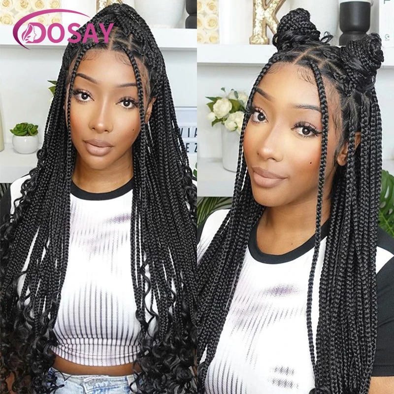 Dosay-peluca trenzada con extremos rizados para mujeres negras, trenzas de cabello, caja sintética