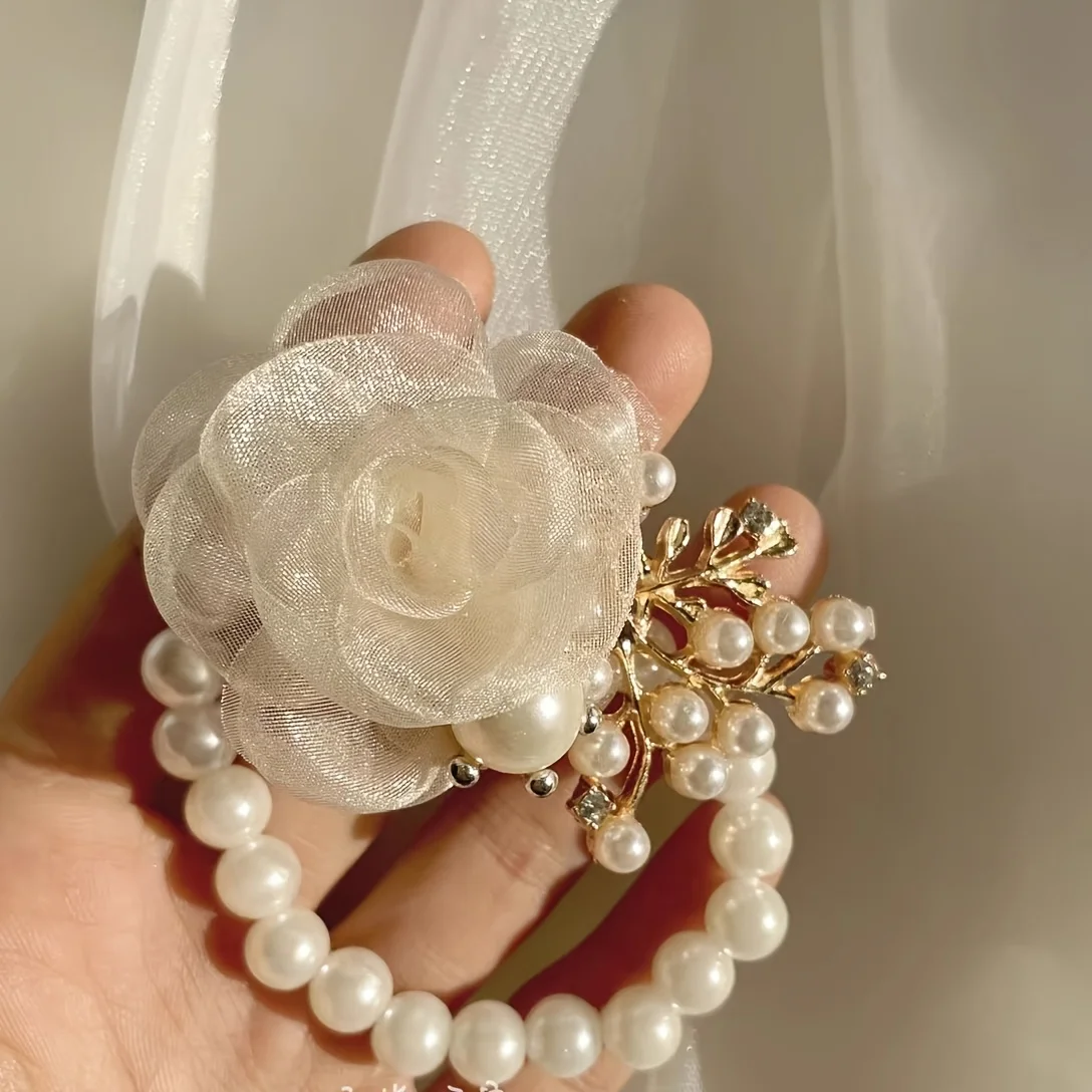 1pc Bridal Bridesmaid Wrist Corsage, Faux Flower Pearl Bracelet Wrist Flower for Wedding Photo Shoots Bridal Attendant Gift