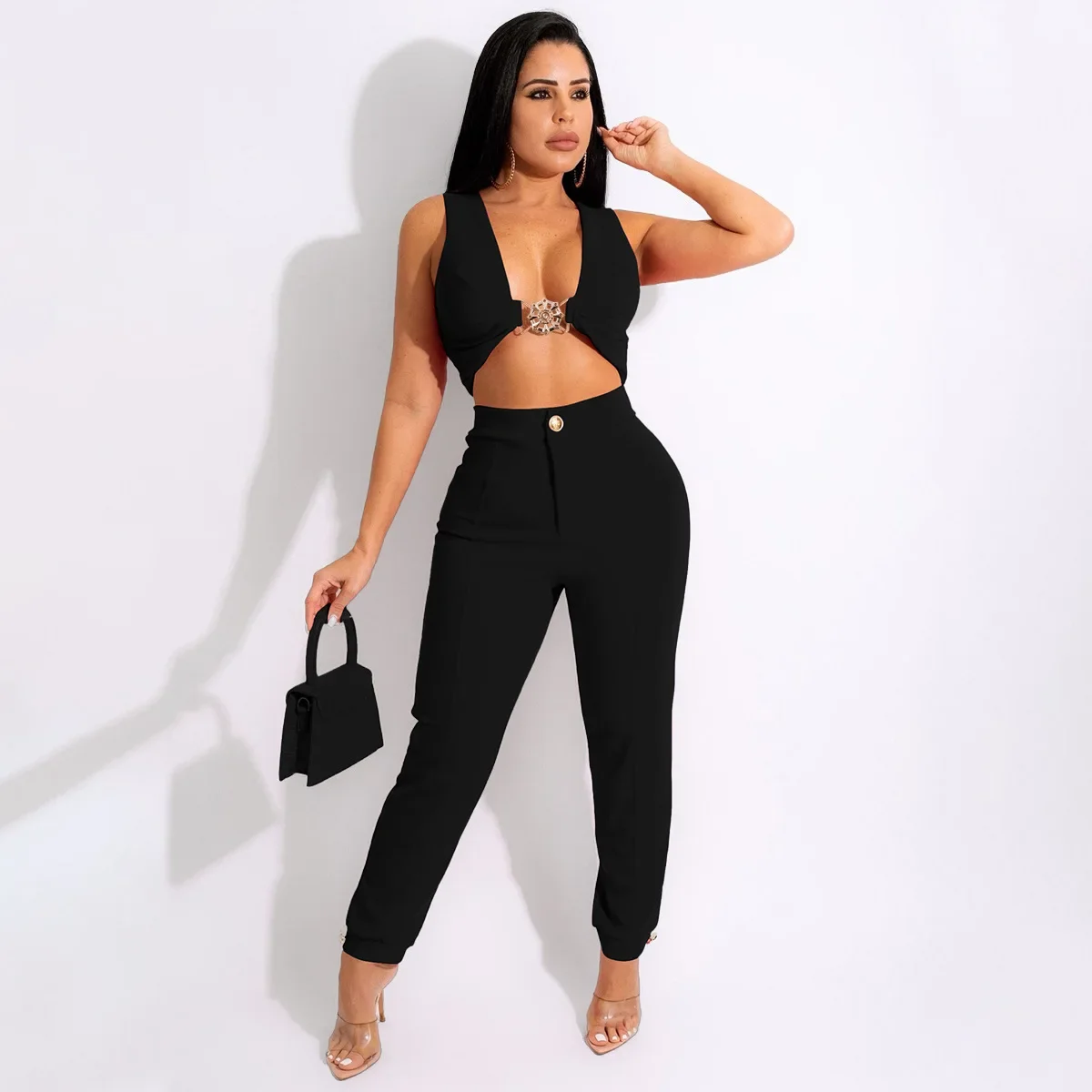 Casual 2 Piece Set Women Concise V-Neck Crop Tank Tops And Waist Pants Matching 2024 Summer TracKsuit