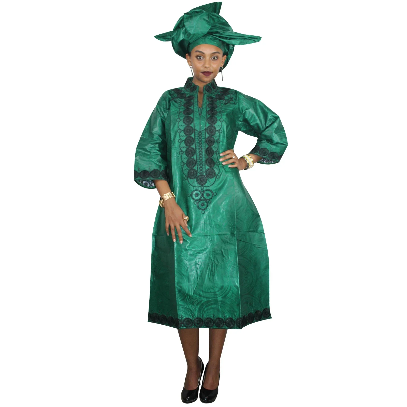 African Dresses For Woman Baizn Riche Embroidery Middle Dress With Scarf