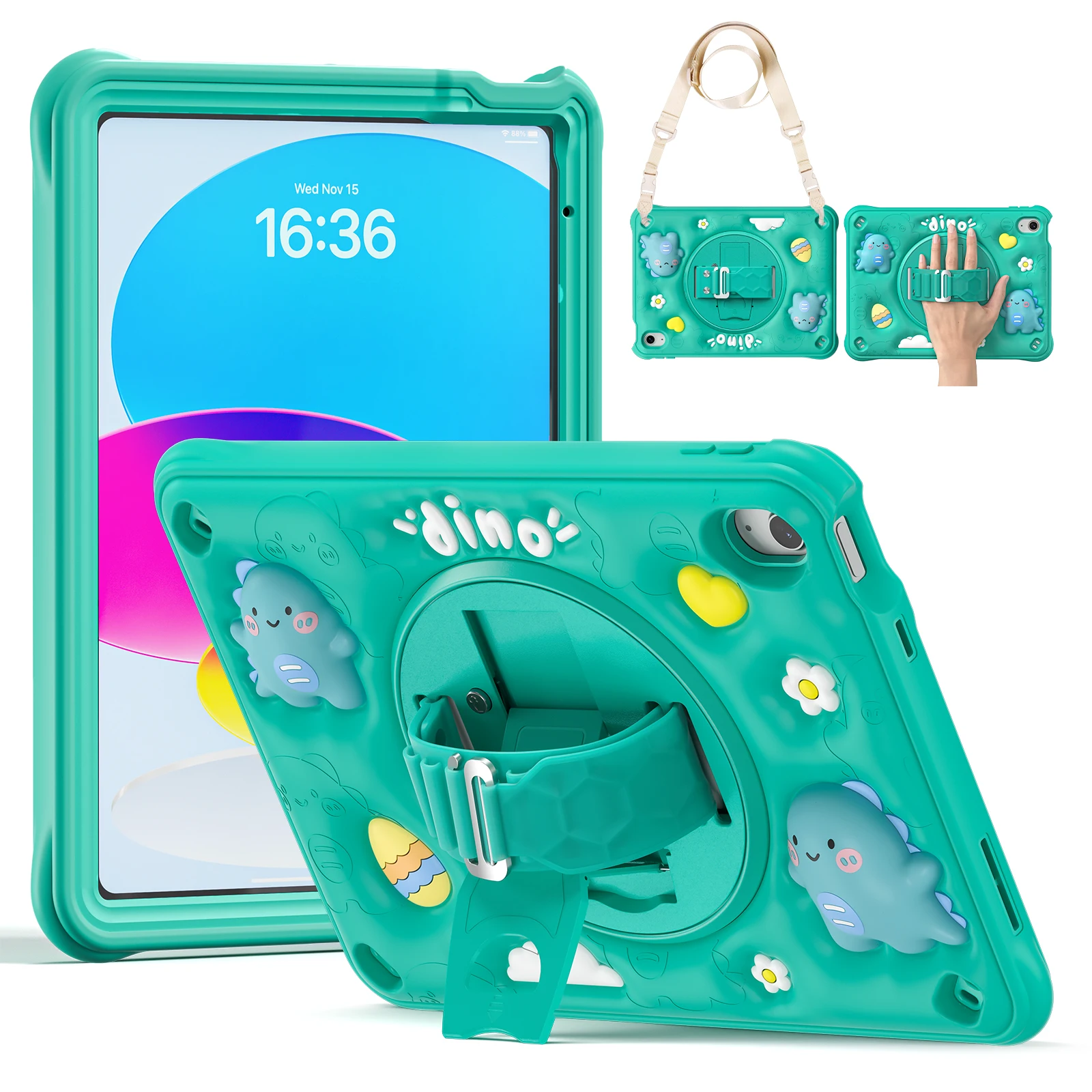 For iPad 11th generation Case 2025 A16 Kids Stand Cover for iPad 10th generation 2022 Cartoon Case with Shoulder Strap