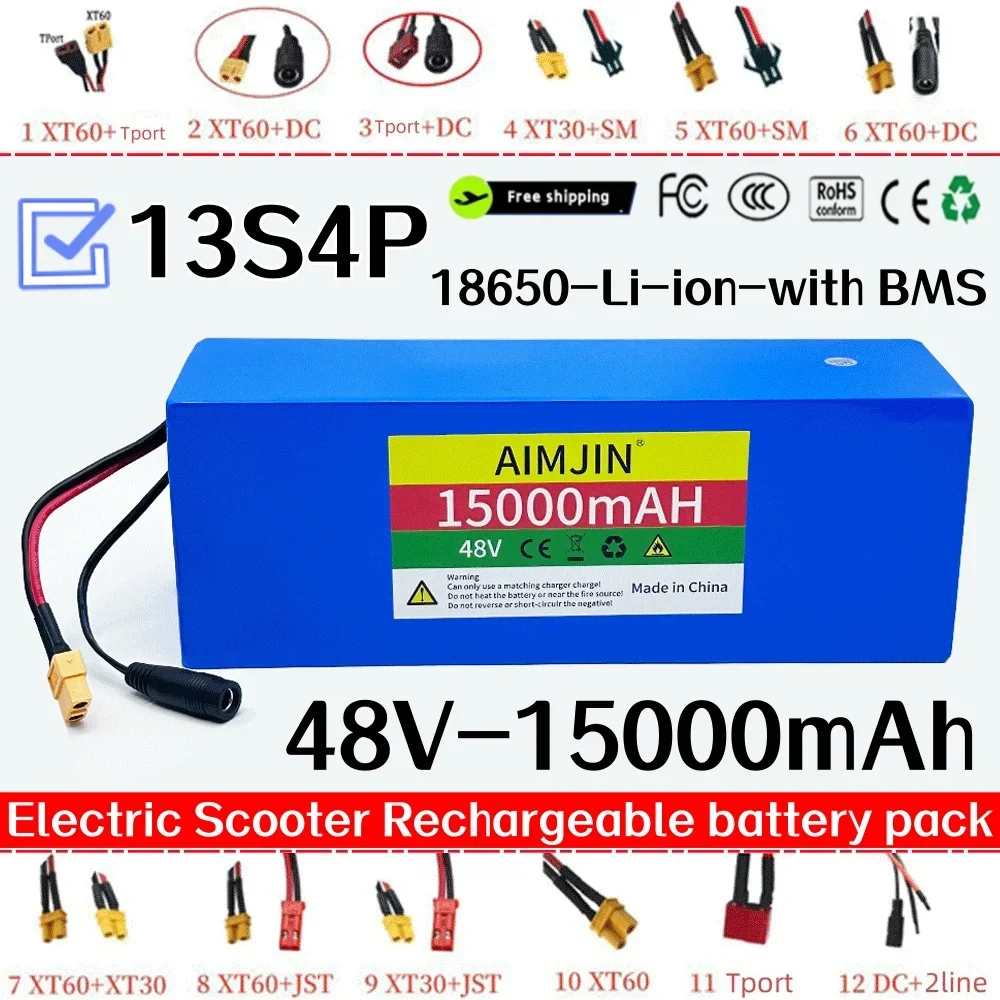 15000mAh 13S4P 48V 18650 Lithium Battery Pack,for Electric Scooter Bicycle Li-ion Replacement Batteries with BMS