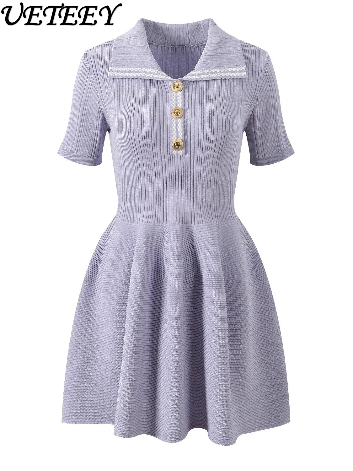

2025 Spring and Summer New Purple Elegant Elastic Slim Mini Dress Women's Temperament Lapel Short Sleeve Knitted Dress Ladies