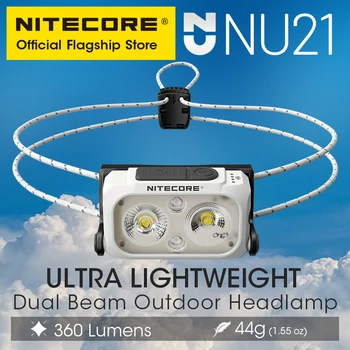 NITECORE NU21 듀얼 빔 헤드램프, USB-C 충전식 360 루멘, 러닝 낚시, 경량 야외 헤드라이트, 내장 배터리