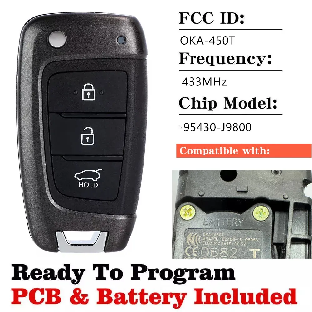 KEYECU Genuine OEM Original Flip Remote Control Key 3Button Fob 433MHz for 2017 2018 2019 2020 Hyundai Kona 95430-J9800 OKA-450T