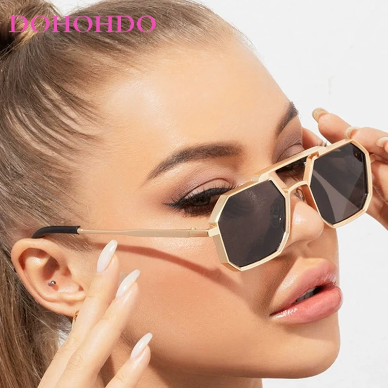 

Vintage Metal Small Frame Sunglasses Men Women Fashion Double Bridges Eyewear Female Chic Polygon Sun Glasses UV400 Eyeglasses