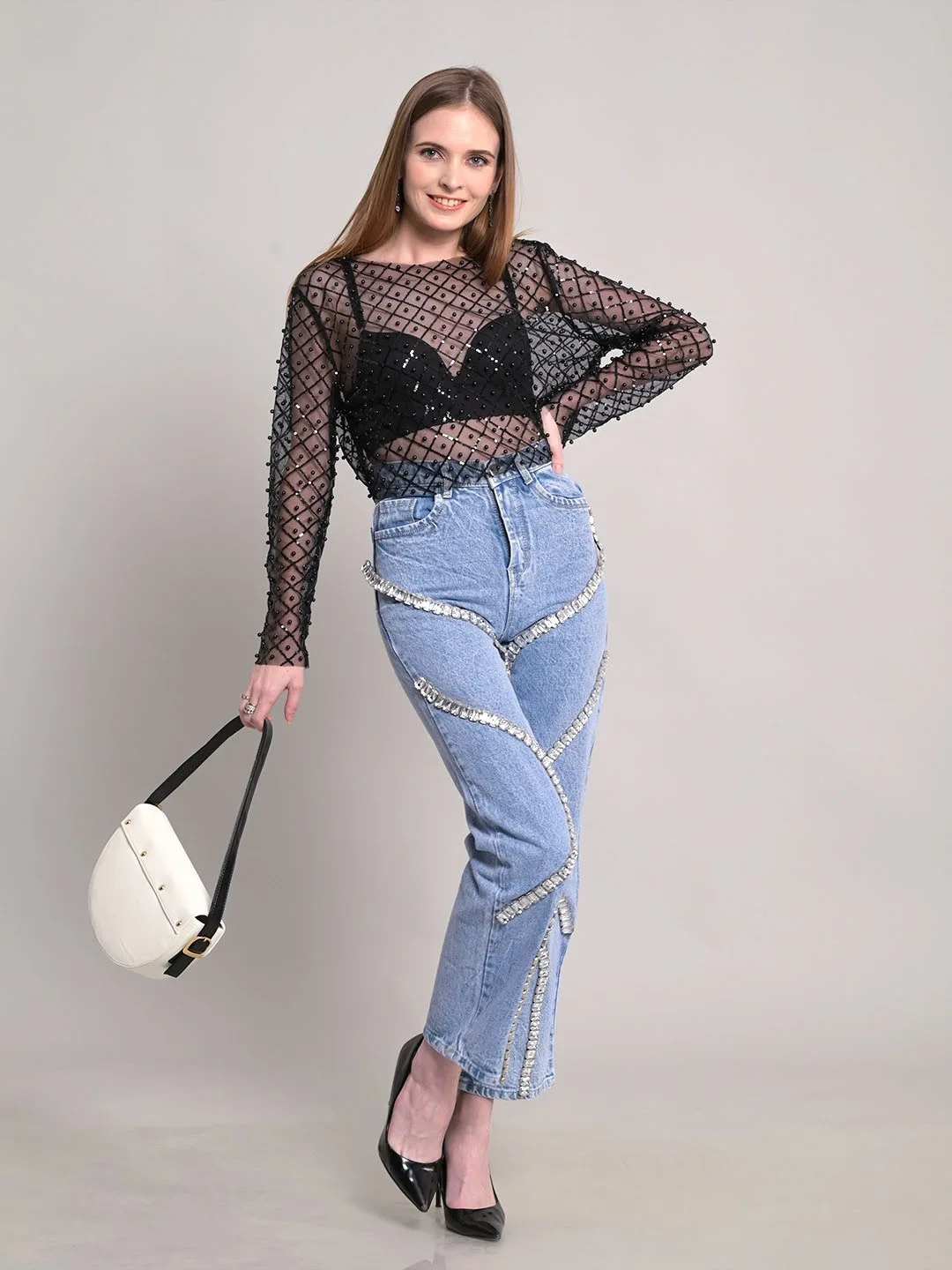 2024 design surround diamond jeans fashionable street wear women's trousers fashionable casual versatile straight leg pants