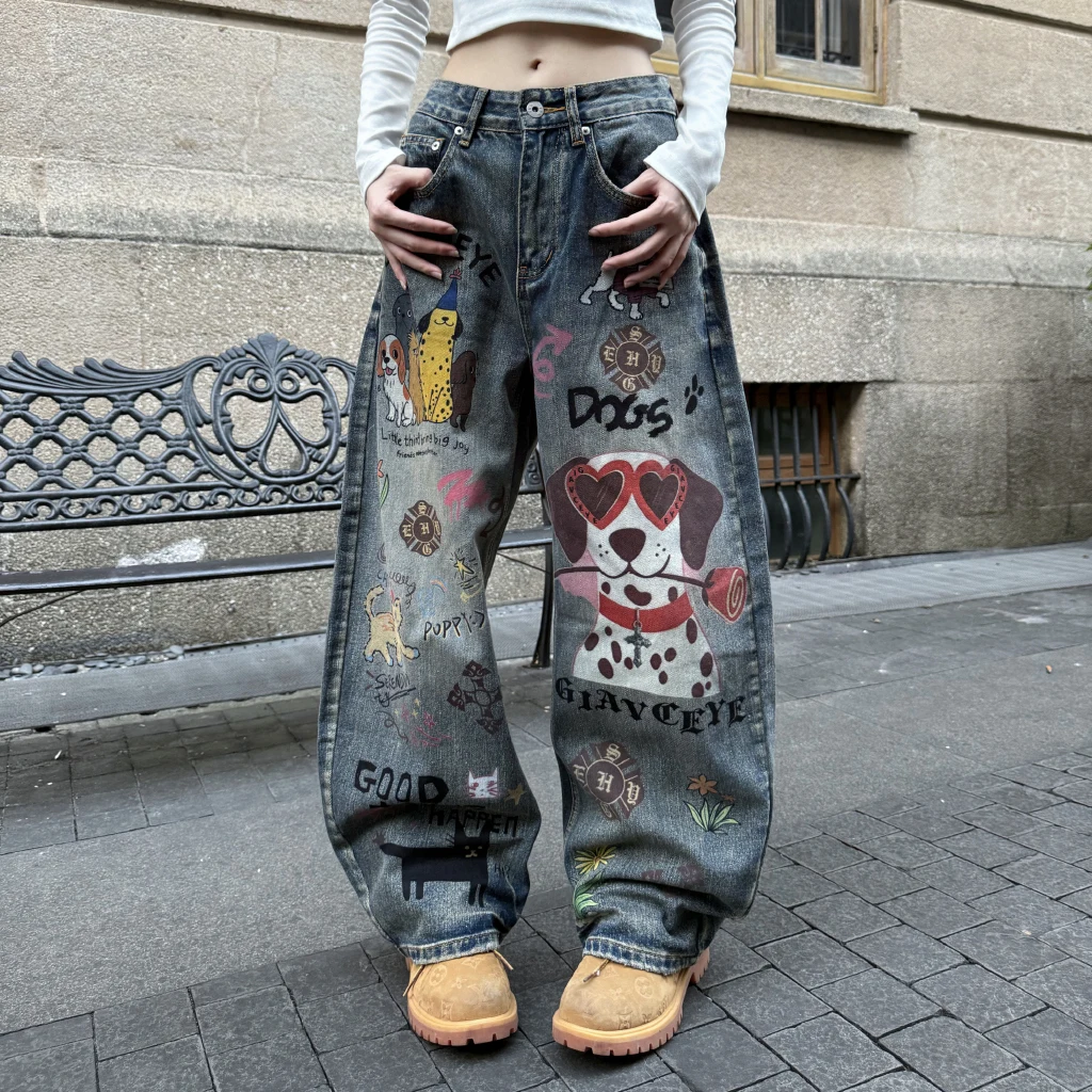 Men High Street Fashion Print Loose Casual Wide Leg Denim Baggy Jeans Pants Women Streetwear Hip Hop Jeans Trousers