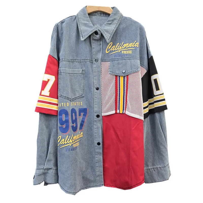 العصرية النمط الأمريكي عارضة الثقيلة الرجعية اللون كتلة المطبوعة الدنيم قميص للنساء فضفاض التخسيس أعلى سترة القمصان العصرية