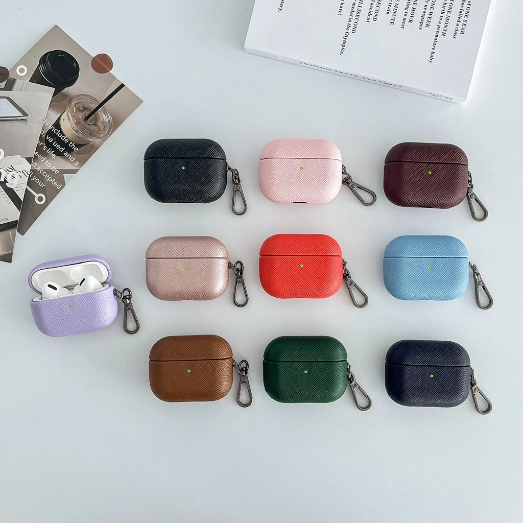 Luxury Cross Grain PU Leather Texture Multiple Color Options With Hook Earphone Cover Case for AirPods 1 or 2 3 4 5 Pro 2 Pro 3