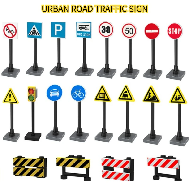 Urban Traffic Roadblocks Signal Lights Speed Limit Sidewalks Parking Lots Directional Signs Building Blocks Accessories MOC Toys