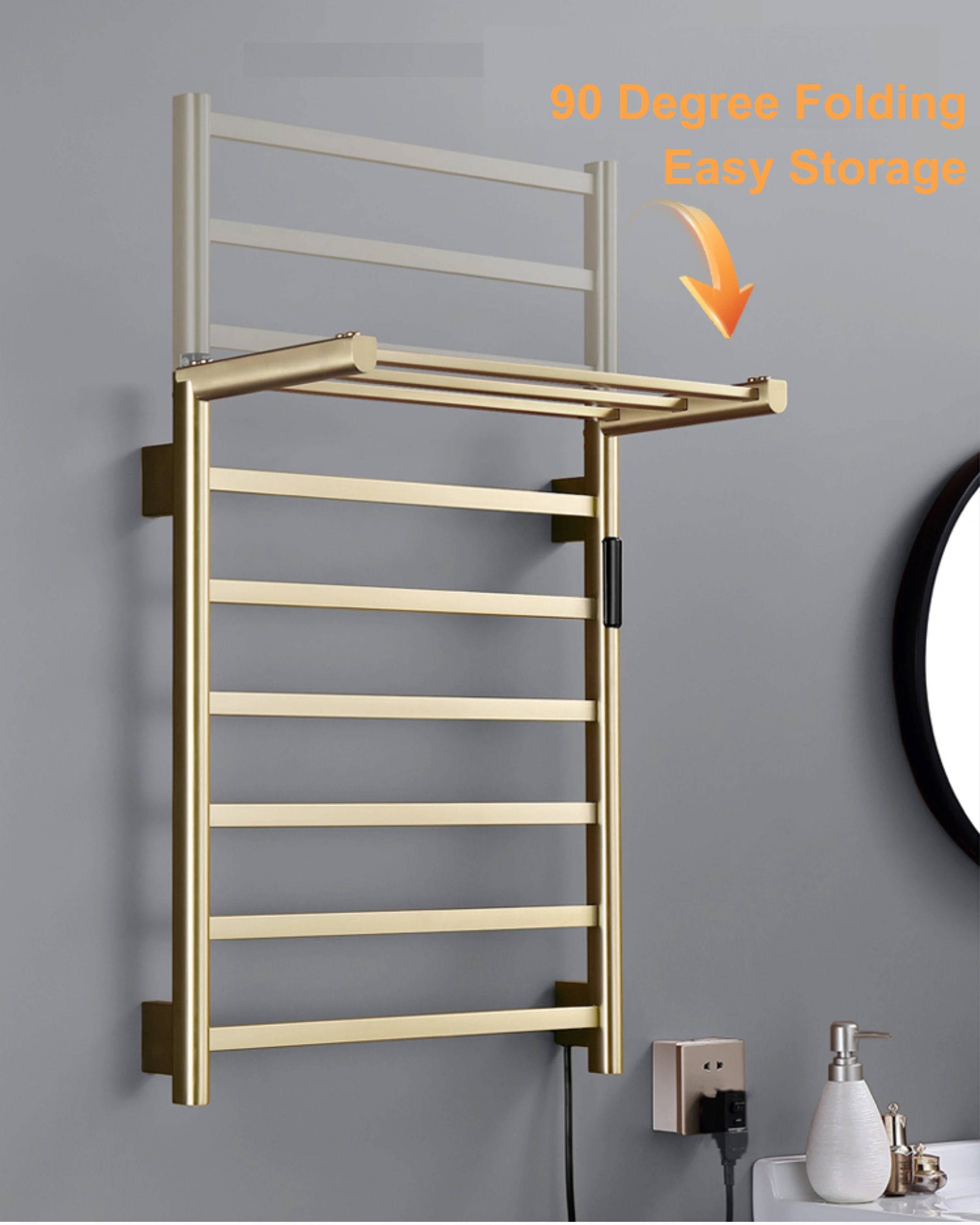 2024 Hot selling in Russia 110/220V Brushed Gold Folded Electric Towel Rack 304 Stainless Steel Towel Warmer Rack for Bathroom
