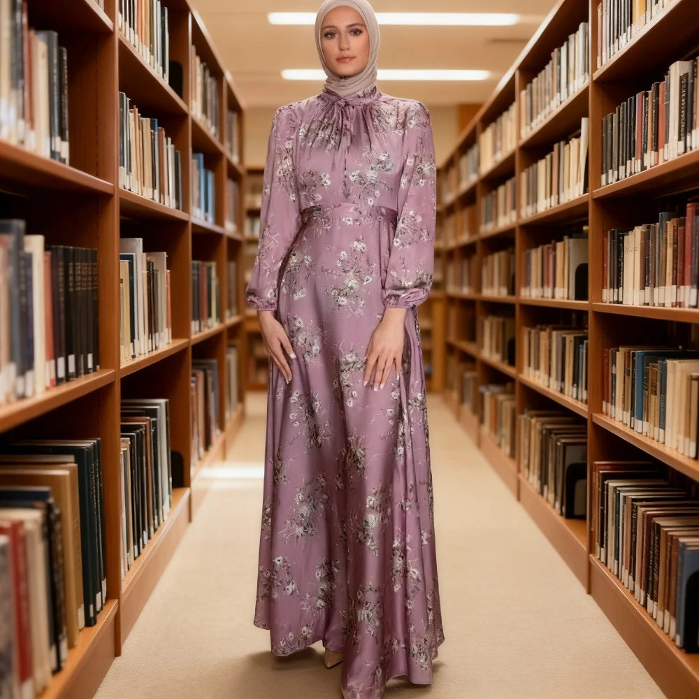 

Мусульманское женское длинное платье с цветочным принтом, шелковистые длинные абайи, нарядное платье макси, французское стильное исламское платье с поясом, марокканское 2026