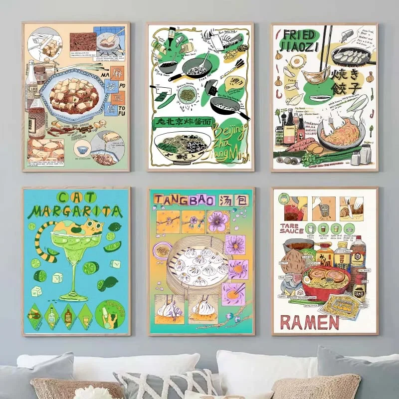 Comida japonesa china, dibujo de comida, arte de pared de cocina asiática, ilustración de receta de Mapo Tofu, pinturas en lienzo para el hogar, cocina, Dec